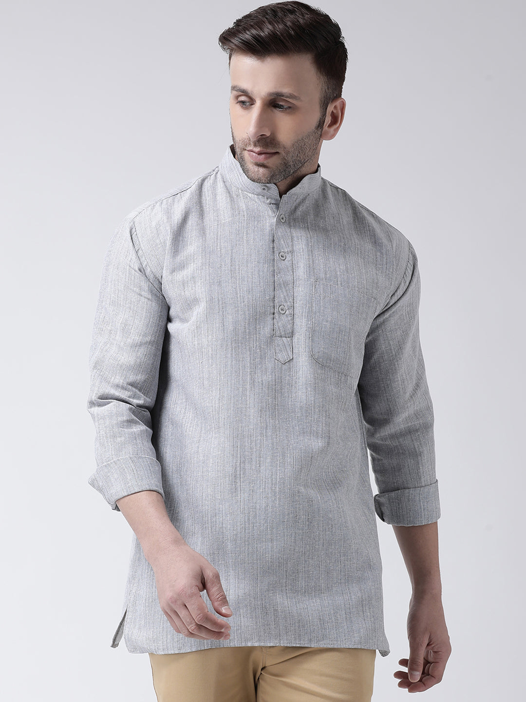 RIAG Grey Color Long Sleeves Men's Cotton Short Kurta - Distacart