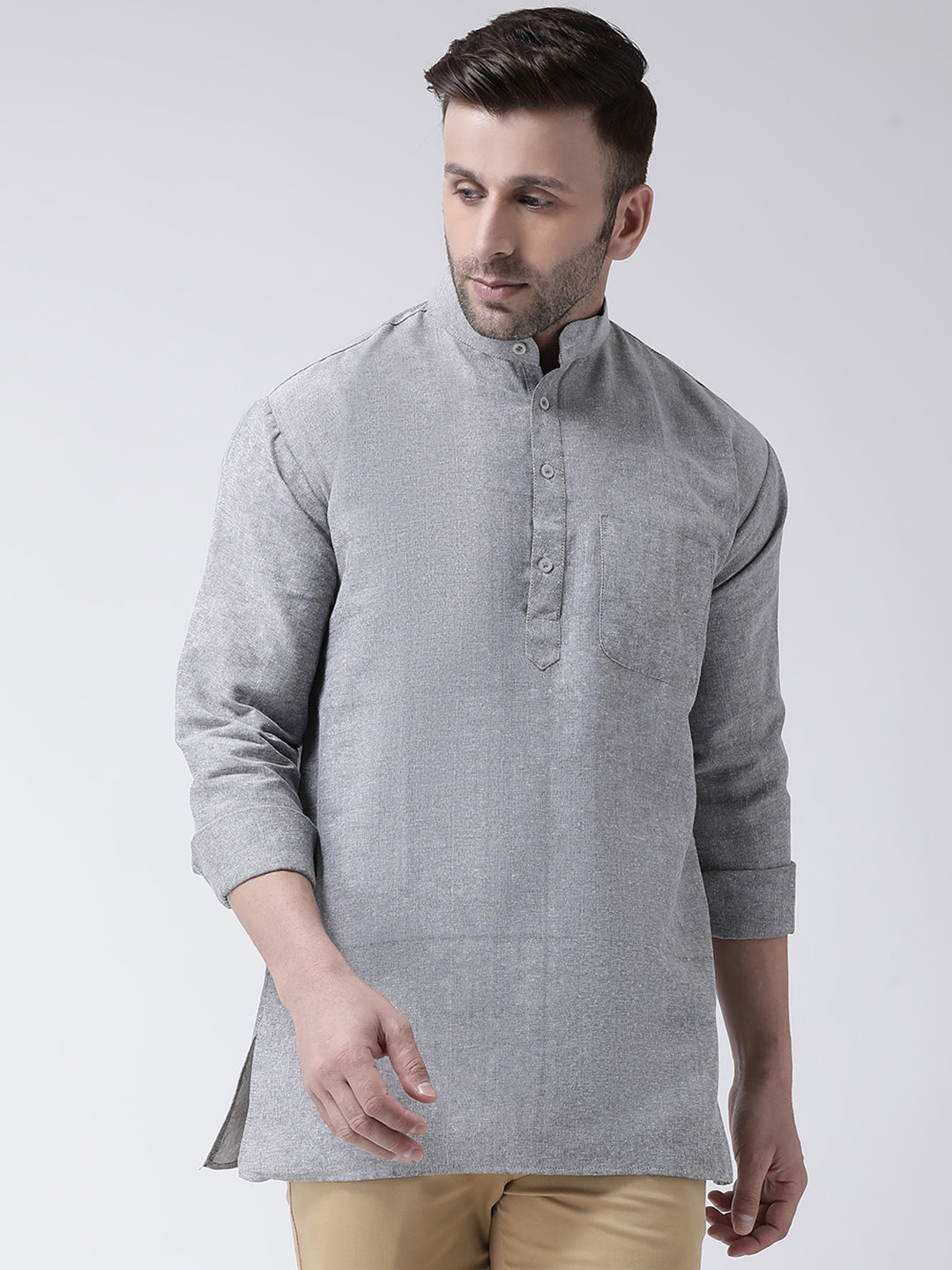 RIAG Grey Color Long Sleeves Men's Cotton Short Kurta - Distacart