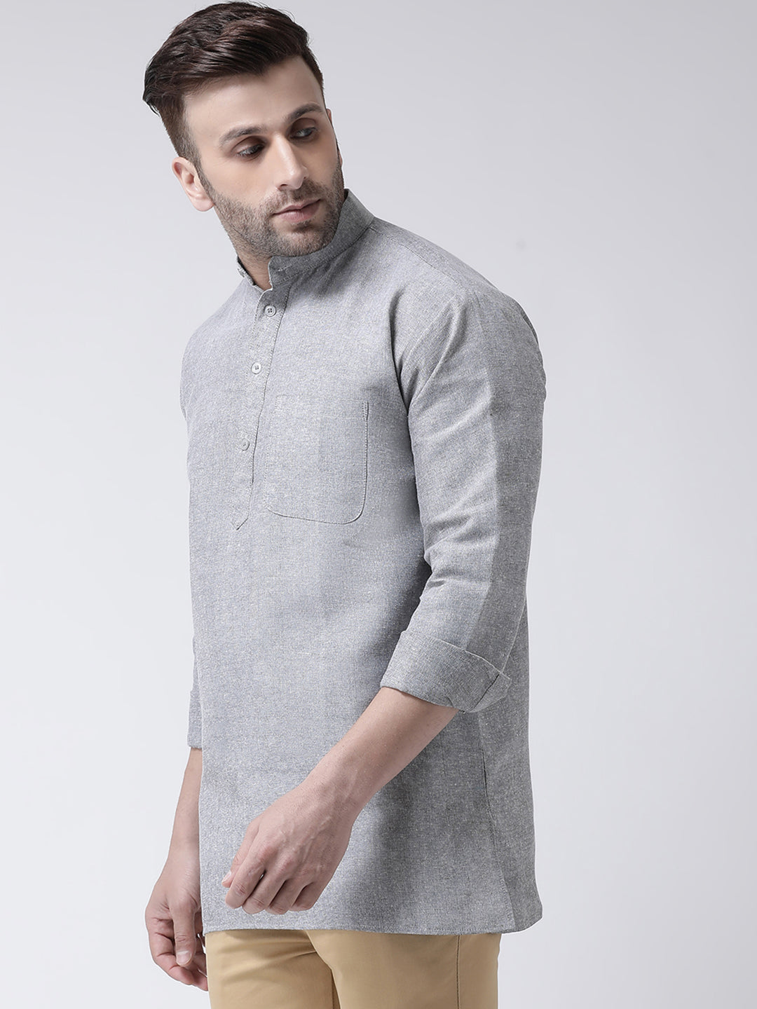 RIAG Grey Color Long Sleeves Men's Cotton Short Kurta - Distacart