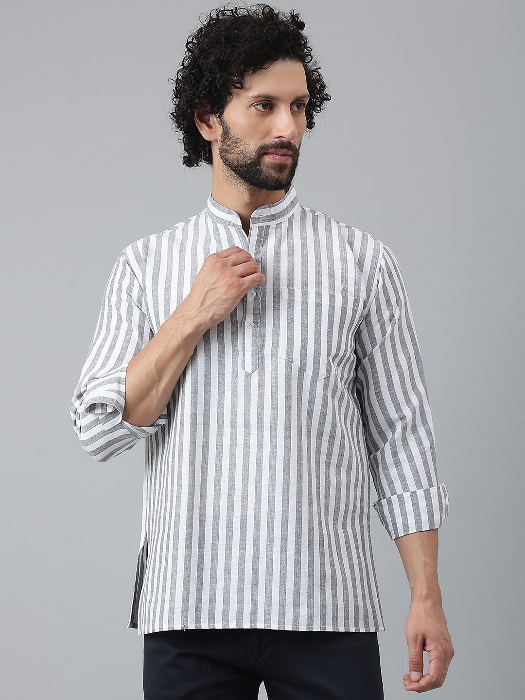 RIAG Grey Color Long Sleeves Casual Men's Cotton Short Kurta - Distacart