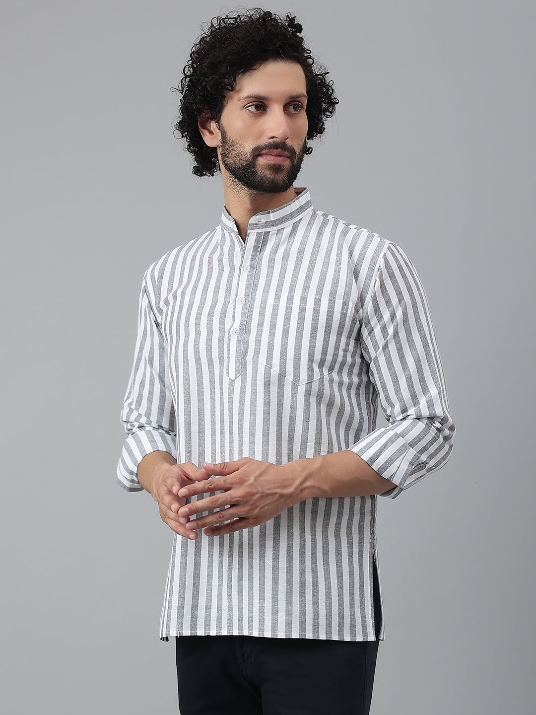 RIAG Grey Color Long Sleeves Casual Men's Cotton Short Kurta - Distacart