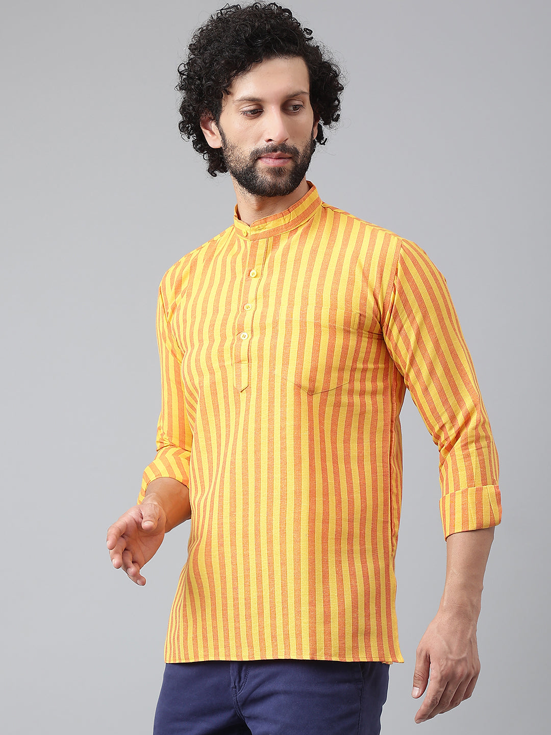 RIAG Yellow Color Long Sleeves Casual Men's Cotton Short Kurta - Distacart