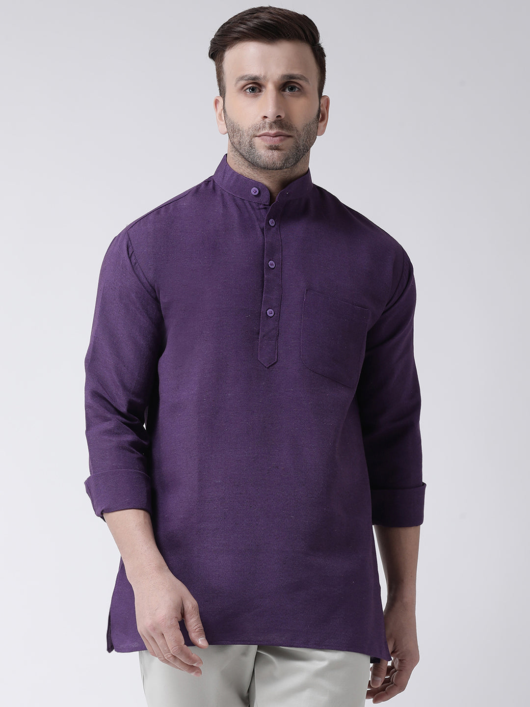 RIAG Purple Color Long Sleeves Men's Cotton Short Kurta - Distacart