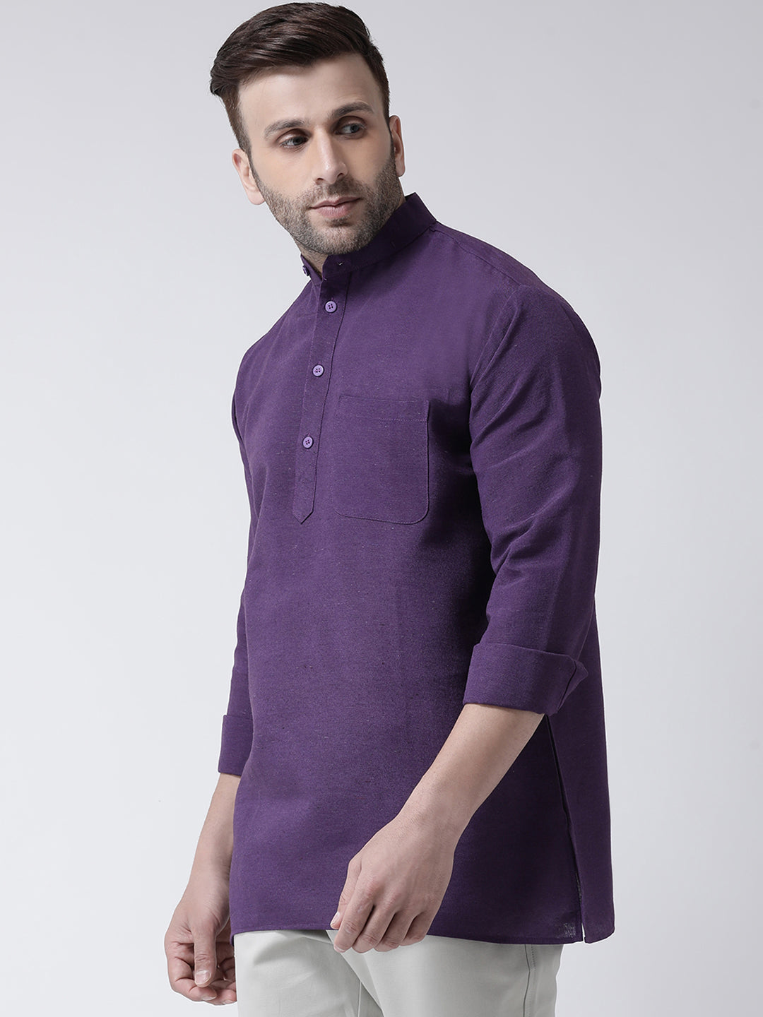 RIAG Purple Color Long Sleeves Men's Cotton Short Kurta - Distacart