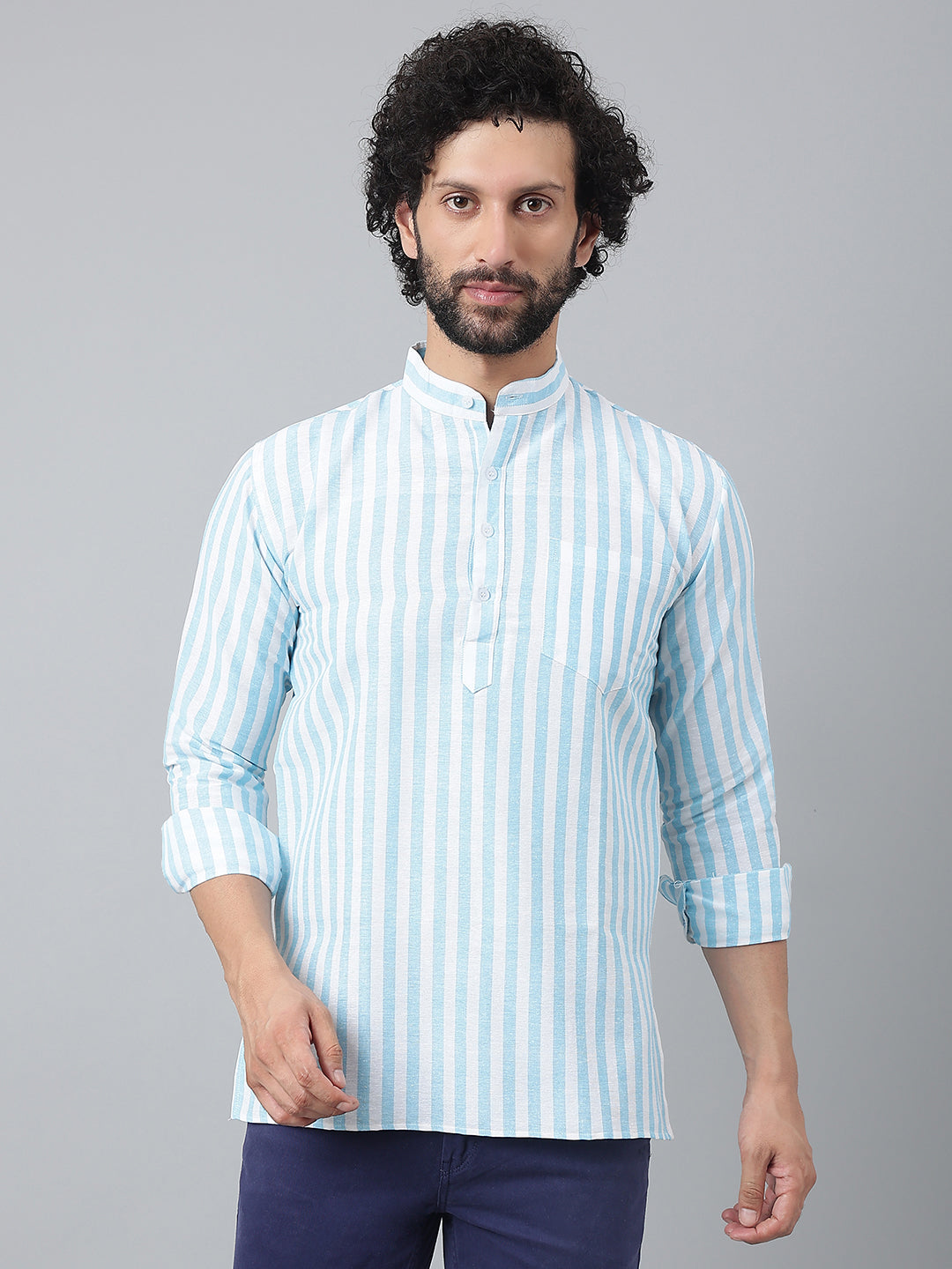 RIAG Blue Color Long Sleeves Casual Men's Cotton Short Kurta - Distacart