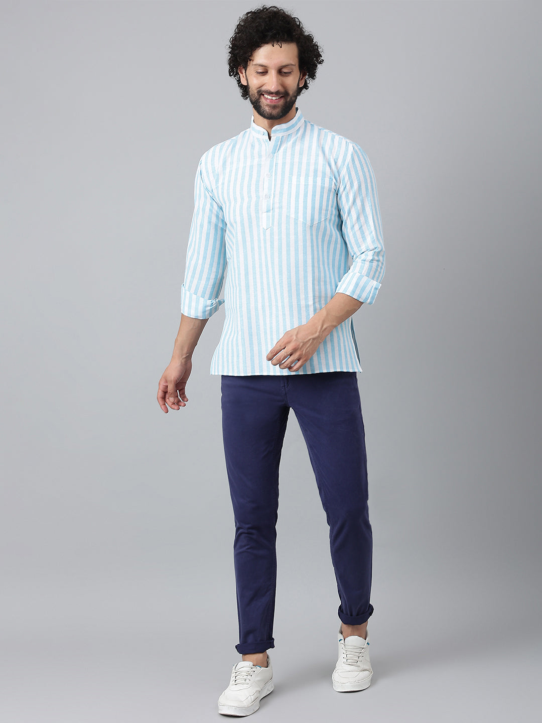 RIAG Blue Color Long Sleeves Casual Men's Cotton Short Kurta - Distacart