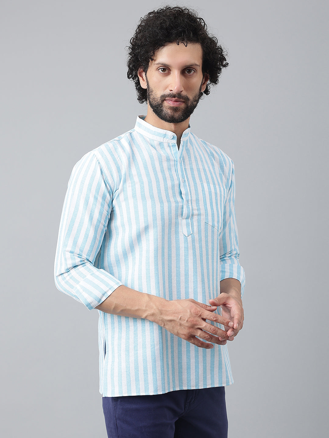 RIAG Blue Color Long Sleeves Casual Men's Cotton Short Kurta - Distacart