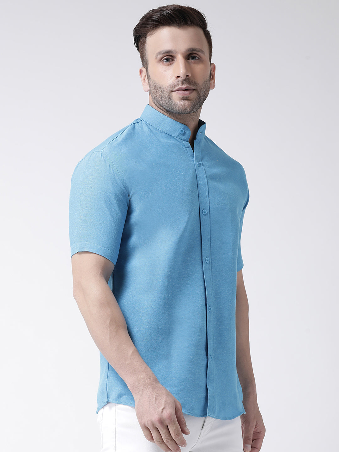 RIAG Firozi Blue Men's Chinese Collar Half Sleeves Shirt - Distacart