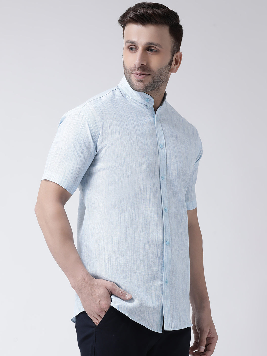 RIAG Sky Blue Men's Chinese Collar Half Sleeves Shirt - Distacart