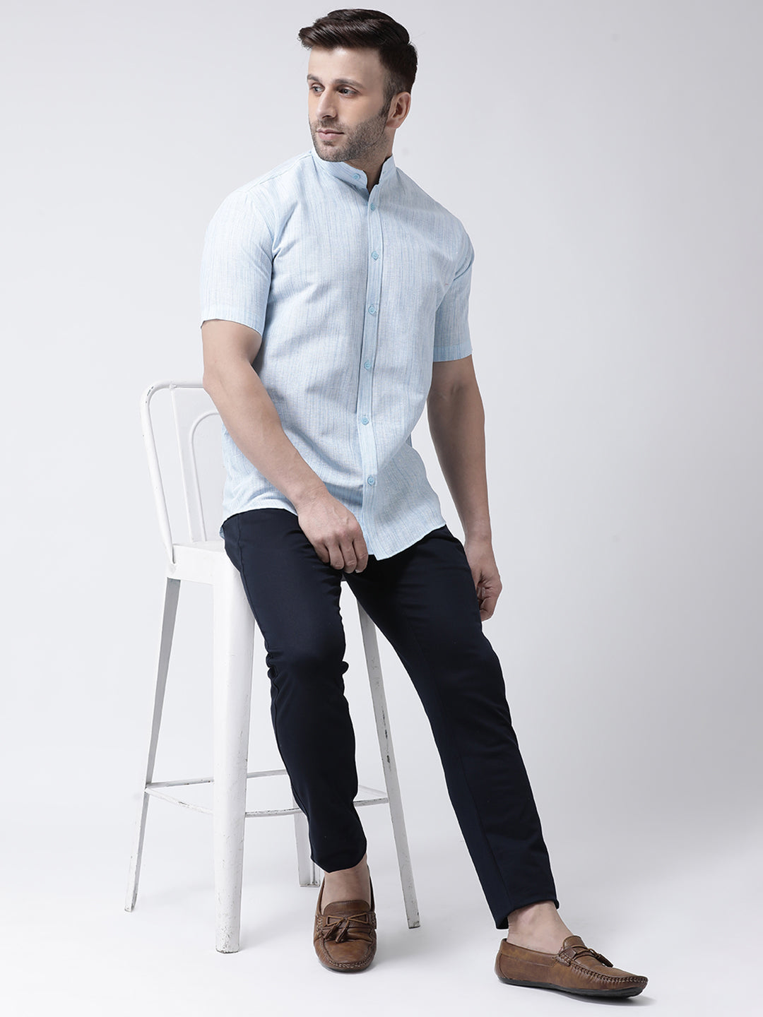 RIAG Sky Blue Men's Chinese Collar Half Sleeves Shirt - Distacart