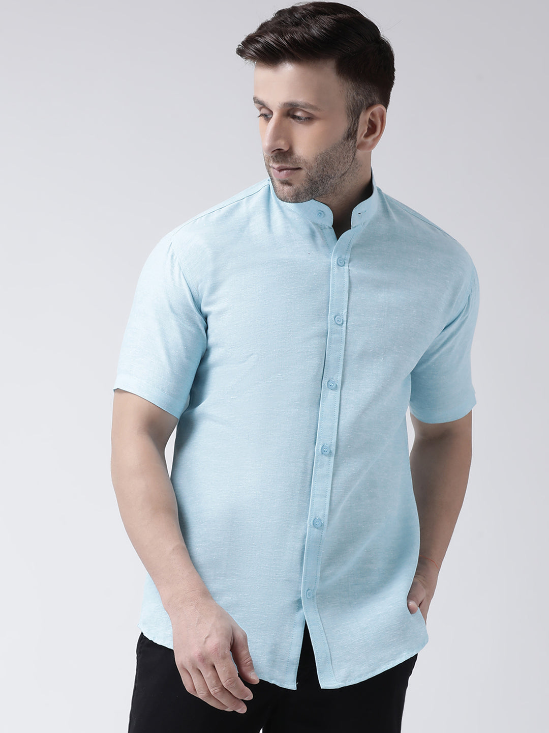 RIAG Sky Blue Men's Chinese Collar Half Sleeves Shirt - Distacart