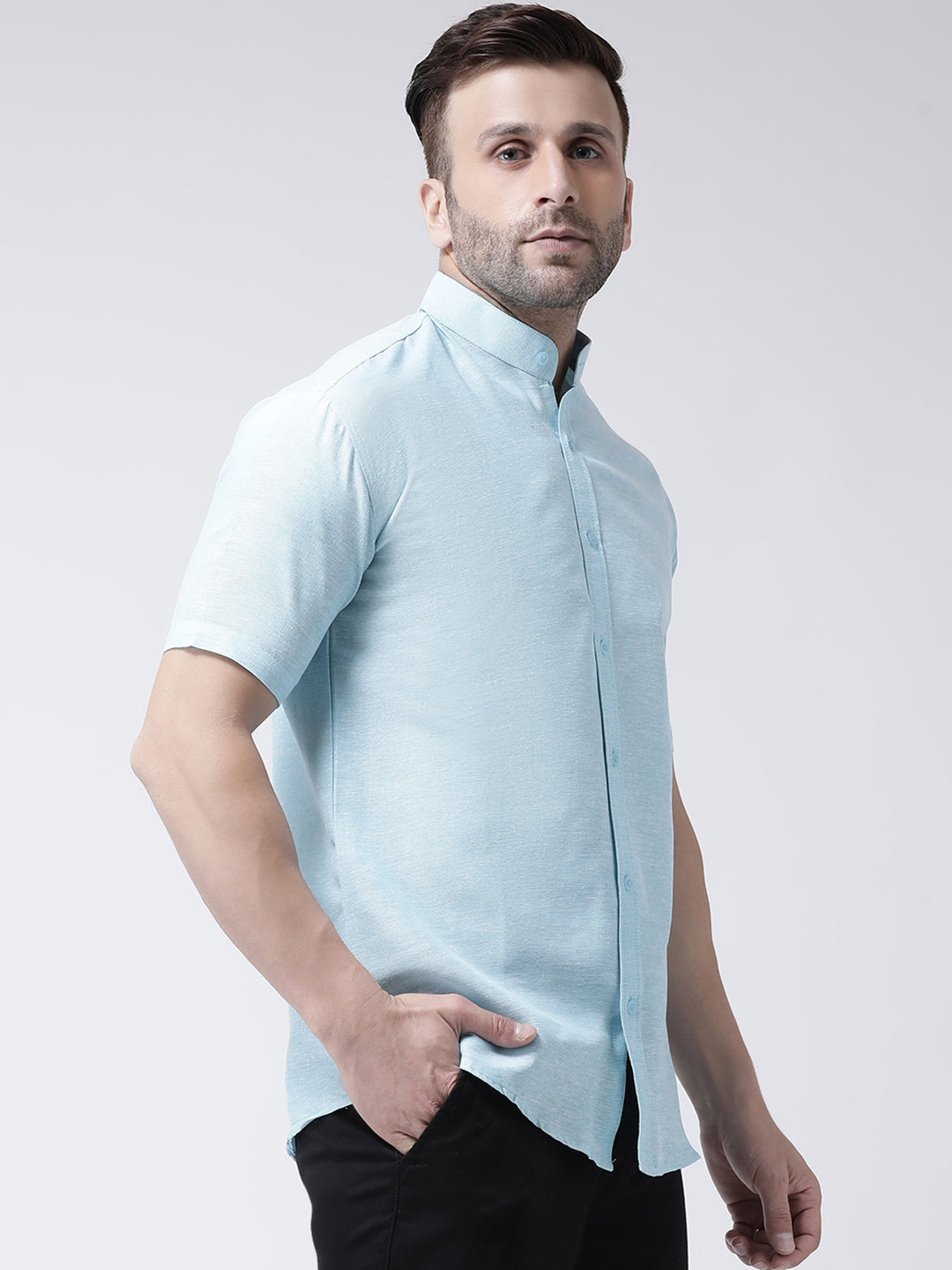 RIAG Sky Blue Men's Chinese Collar Half Sleeves Shirt - Distacart
