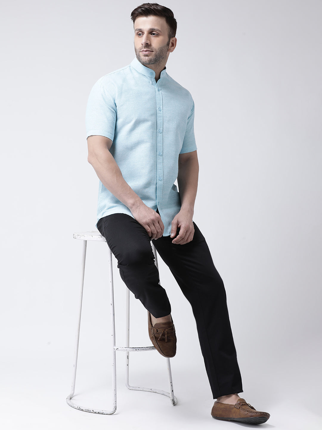 RIAG Sky Blue Men's Chinese Collar Half Sleeves Shirt - Distacart