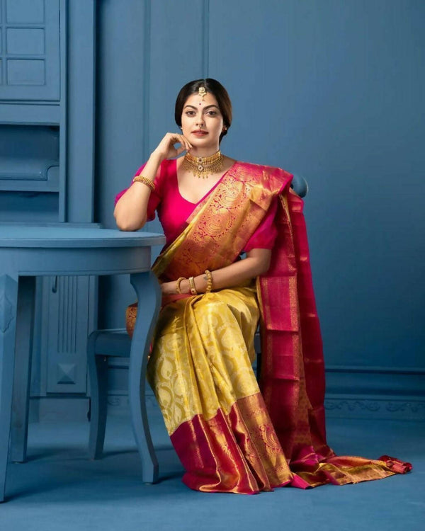 DEIANA'S Beautiful Golden Jari with New Design Soft Lichi Silk Saree - Yellow - Distacart