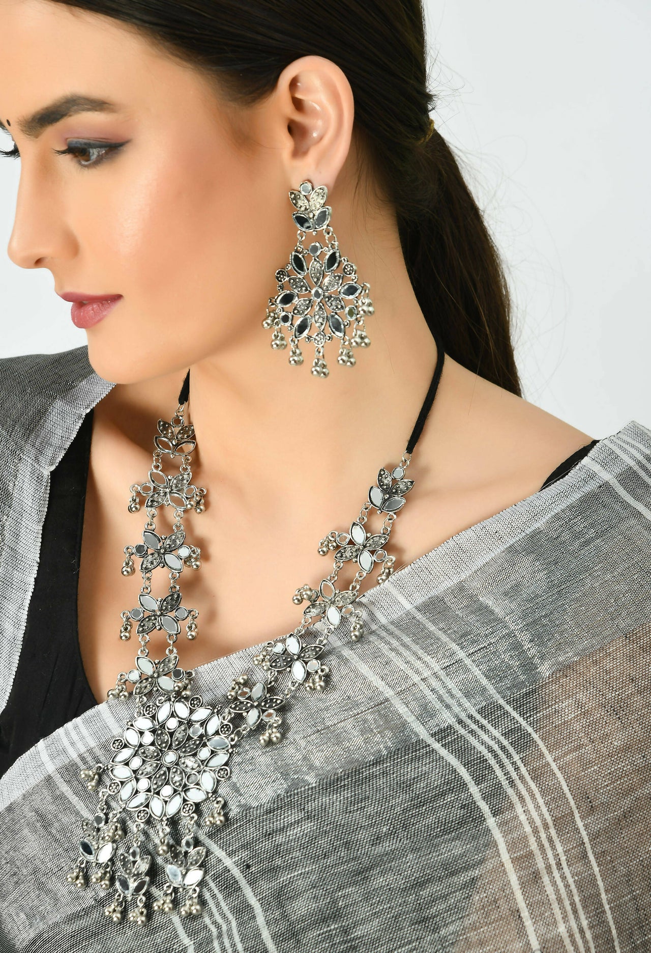 Mominos Fashion Johar Kamal Oxidised Silver-Plated Mirror Work Long Necklace Set - Distacart