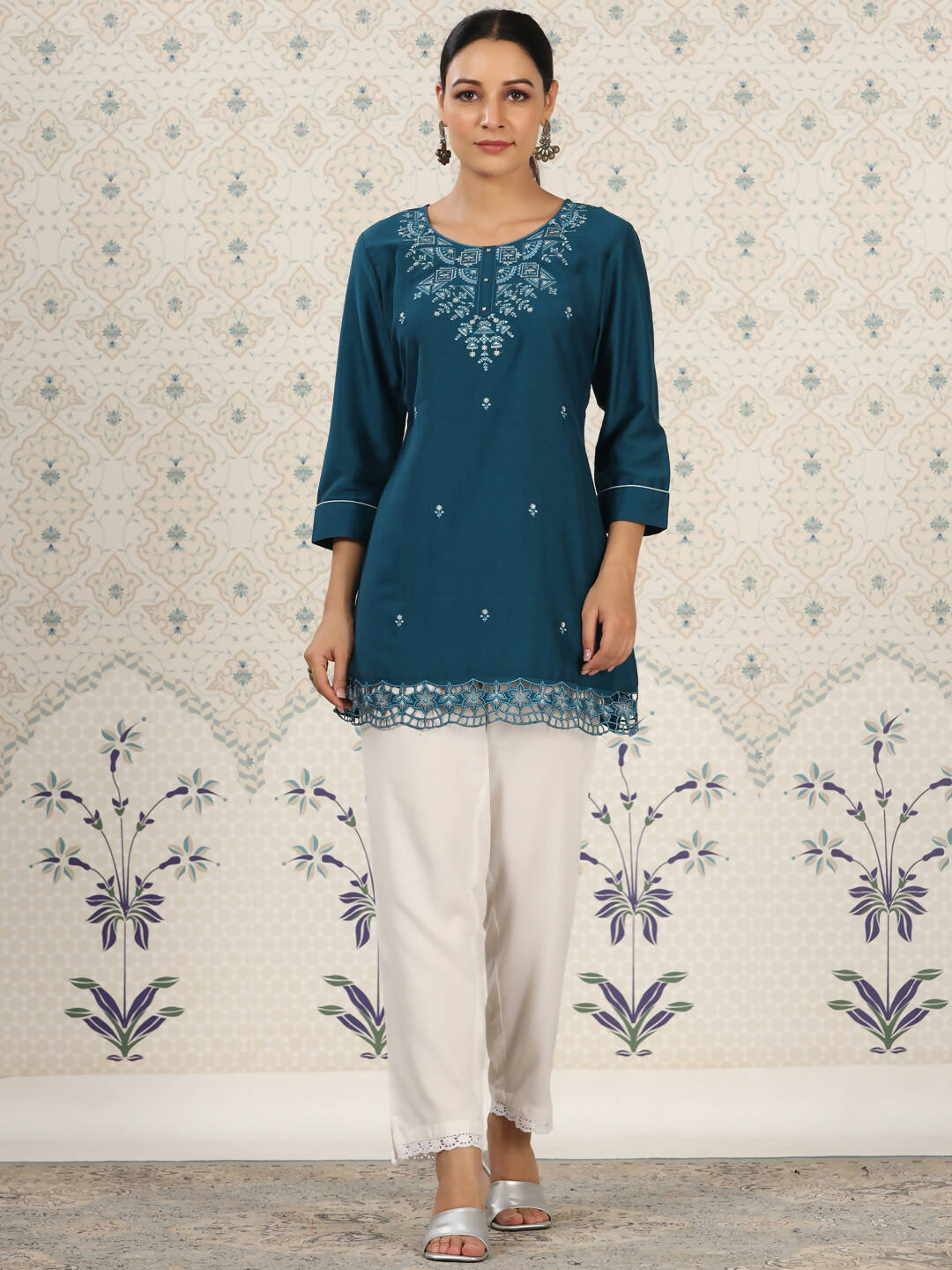 Teal Chinon Embroidered Straight Top - Zeny - Distacart
