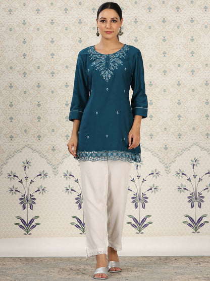 Teal Chinon Embroidered Straight Top - Zeny - Distacart