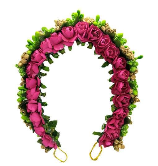 Pink, Green & Golden Flower Hair Gajra