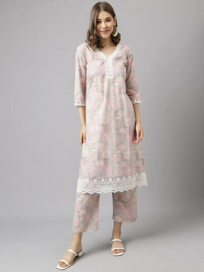 FIORRA Women's Pink Cotton A-Line Kurta Set - Distacart