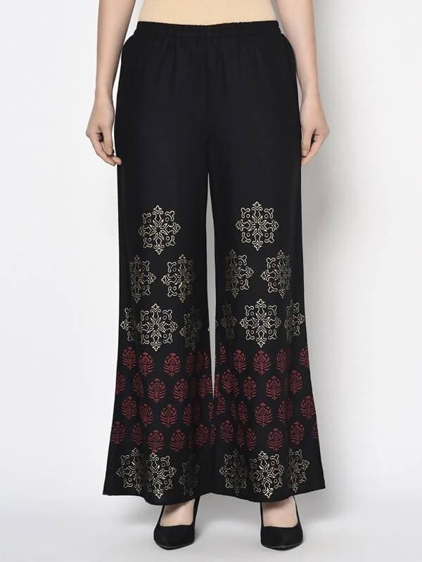 Aniyah Rayon Black Color Block Print Flared Slip-On Palazzo (AN-188K)