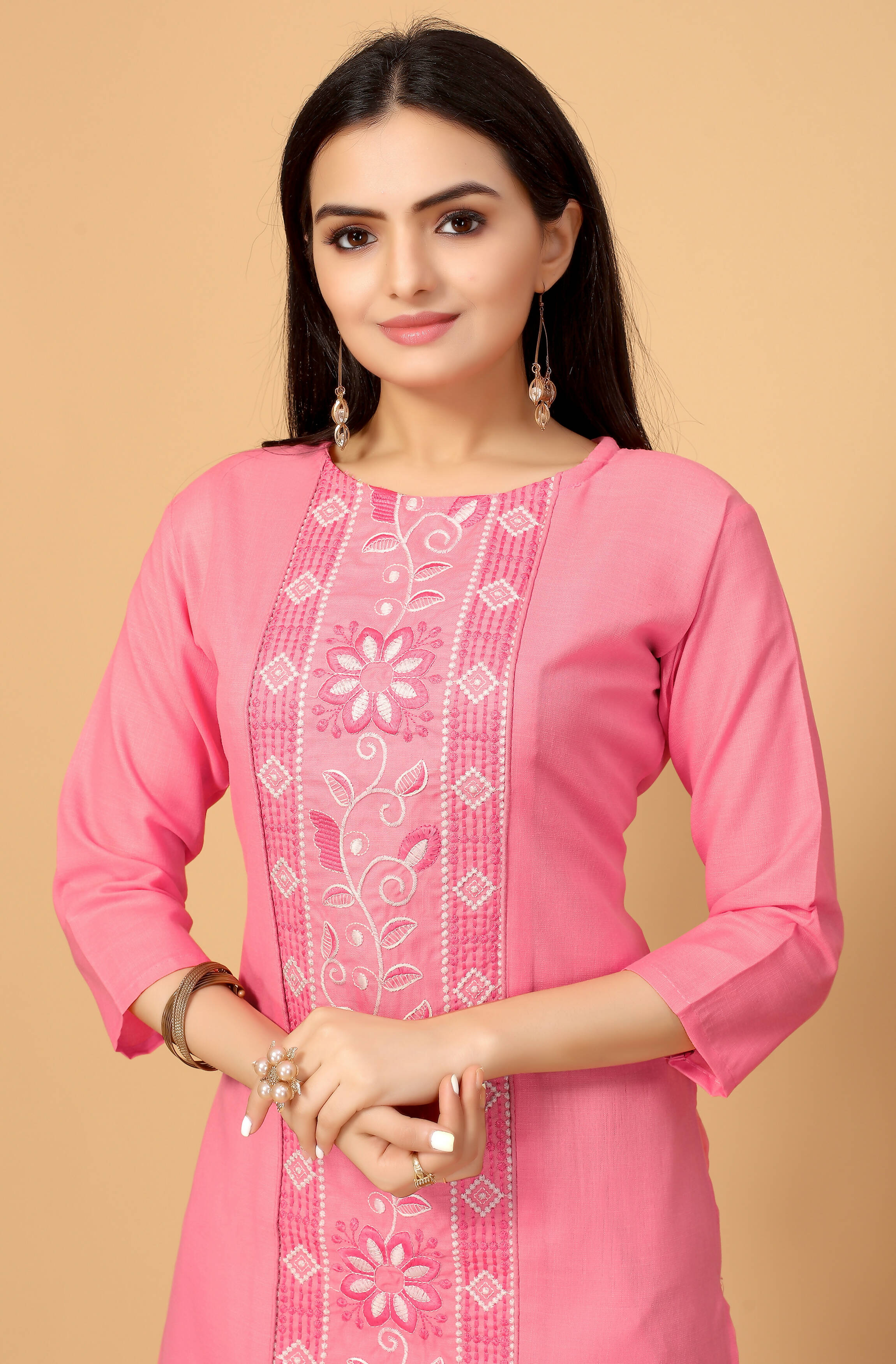 Light Pink Cottan Slub Embroidery Kurti - Umi - Distacart
