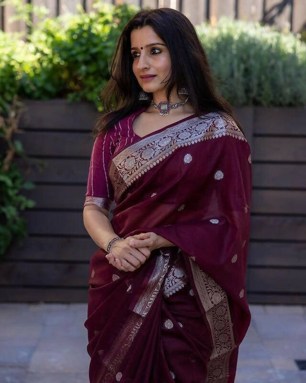 DEIANA'S Beautiful Golden Jari with New Design Soft Cotton Saree - Wine - Distacart