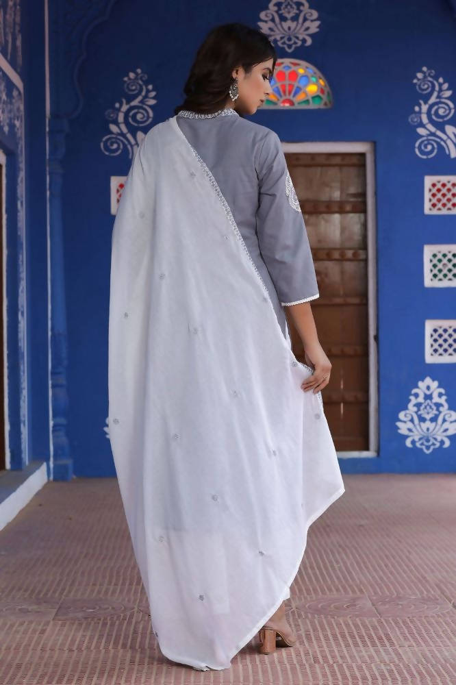 Yufta Kurta Women Grey & White Embroidered Kurta with Palazzo & Dupatta