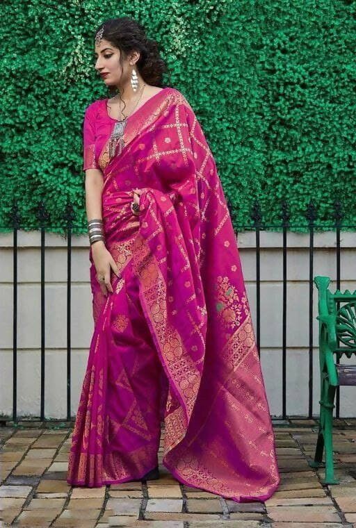 DEIANA'S Beautiful Golden Jari with New Design Soft Lichi Silk Saree - Pink - Distacart