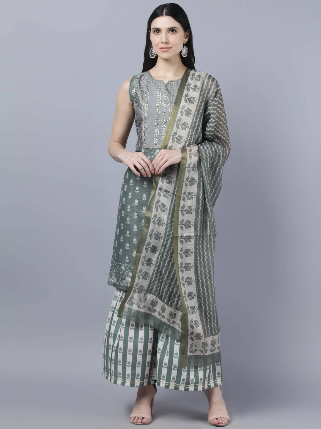 Myshka Women Grey Ethnic Motifs Printed Kurta with Shararas With Dupatta Set - Distacart