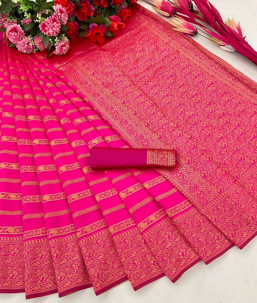 DEIANA'S Beautiful Golden Jari with New Design Soft Lichi Silk Saree - Pink - Distacart