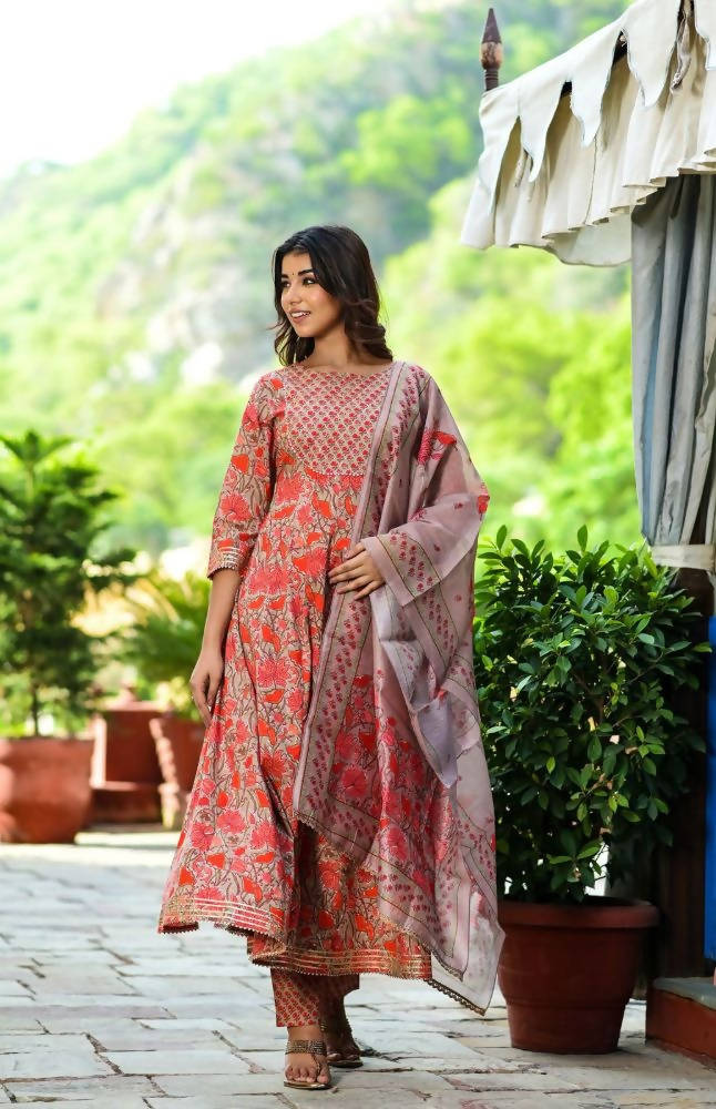 Yufta Women Red Floral Yoke Design Regular Aari Work Pure Cotton Kurta with Trouser & With Dupatta