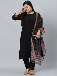 Thumbnail for CurveZI by Ziyaa Women's Black Rayon Kurta, Pant And Dupatta Set - Distacart