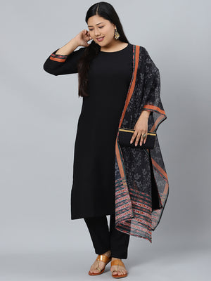 CurveZI by Ziyaa Women's Black Rayon Kurta, Pant And Dupatta Set - Distacart