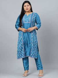 Thumbnail for curveZI by Ziyaa Women's Blue Poly Silk Kurta And Pant Set - Distacart