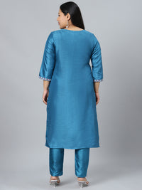 Thumbnail for curveZI by Ziyaa Women's Blue Poly Silk Kurta And Pant Set - Distacart