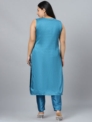 curveZI by Ziyaa Women's Blue Poly Silk Kurta And Pant Set - Distacart