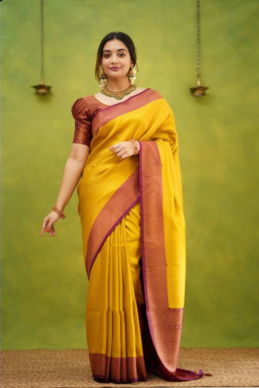 DEIANA'S Beautiful Golden Jari with New Design Soft Lichi Silk Saree - Yellow - Distacart