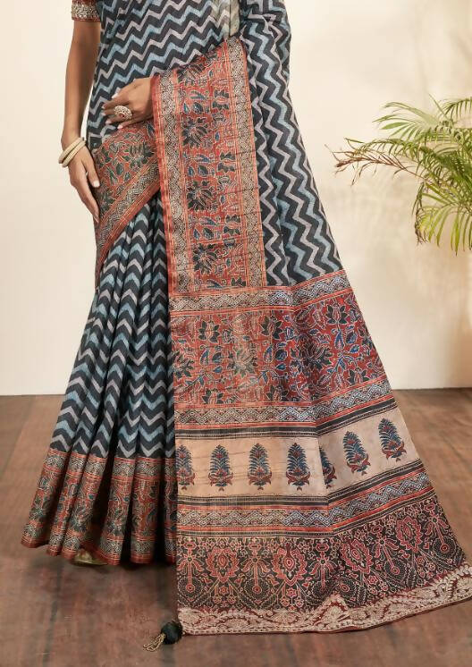 Blue Bhagalpuri Silk Stripe printed with Stone Work & Hand Work Saree - Norita Nirvi - Distacart
