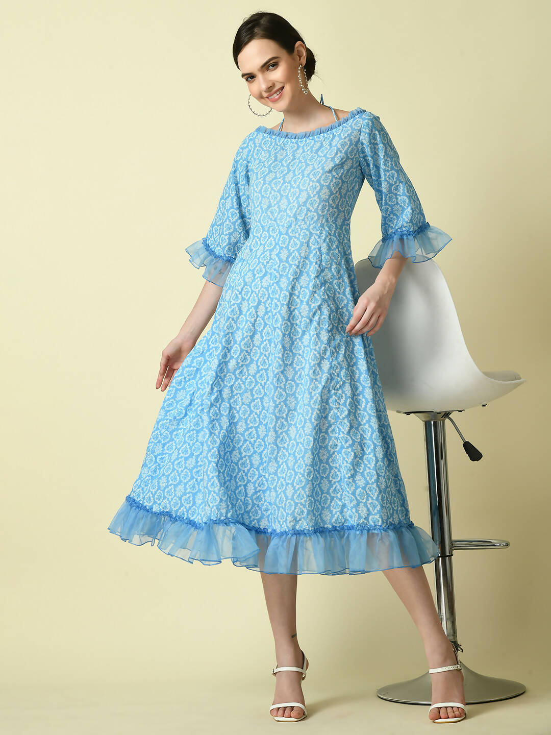 Myshka Women's Blue Empire Printed Dress - Distacart