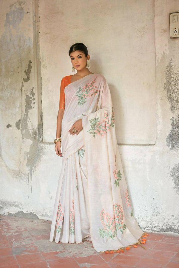Vishnu Weaves Women's Orange Muga Cotton Woven Saree with Blouse - Distacart