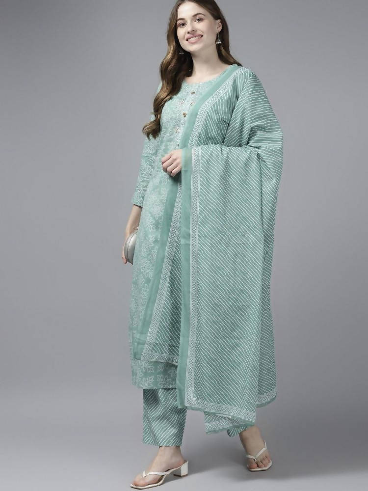 Yufta Women Green Bandhani Print Gotta Patti Pure Cotton Kurta with Palazzo and Dupatta