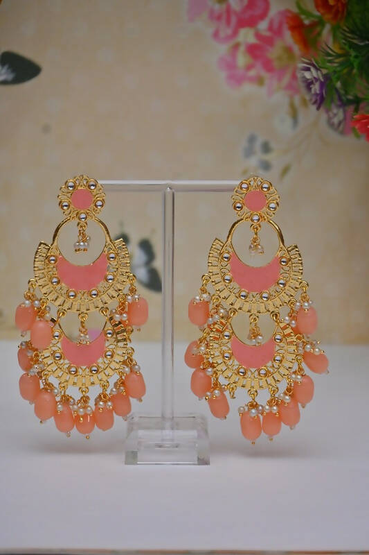 Meenakari Work Gold Plated 2 Layered Beaded Coral Pink Chandbali Earrings with Kundan and Pearl Work By House of Ree - Distacart