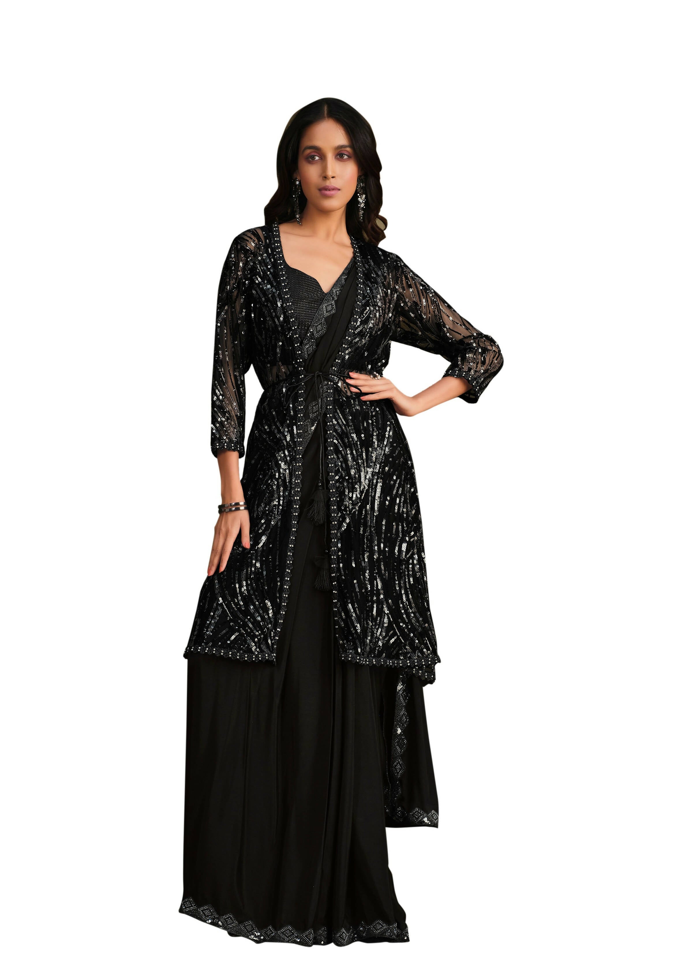 Black Crepe Silk Sequence Embroidered & Stone Work With Sequence Work Jacket Saree With Stitched Blouse - Mohmanthan La Belle - Distacart