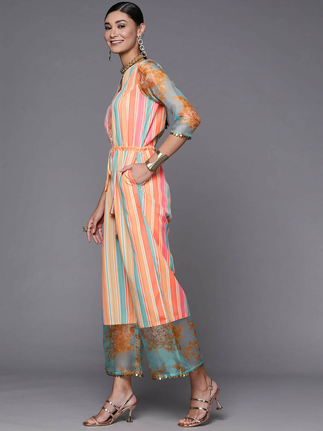 Ahalyaa Coral Orange & Blue Candy Striped Basic Jumpsuit - Distacart
