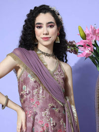 Thumbnail for Varanga Purple Floral Printed Sequin Embellished V-Neck Anarkali Kurta With Flared Hem - Distacart