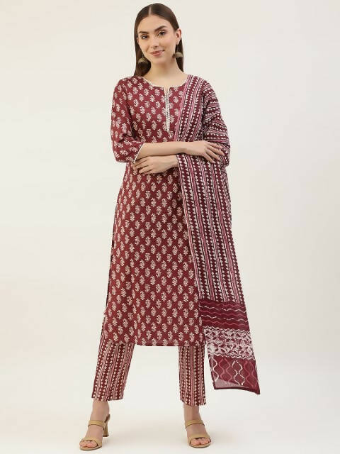 FIORRA Women's Maroon Cotton Straight Kurta Pant With Dupatta - Distacart