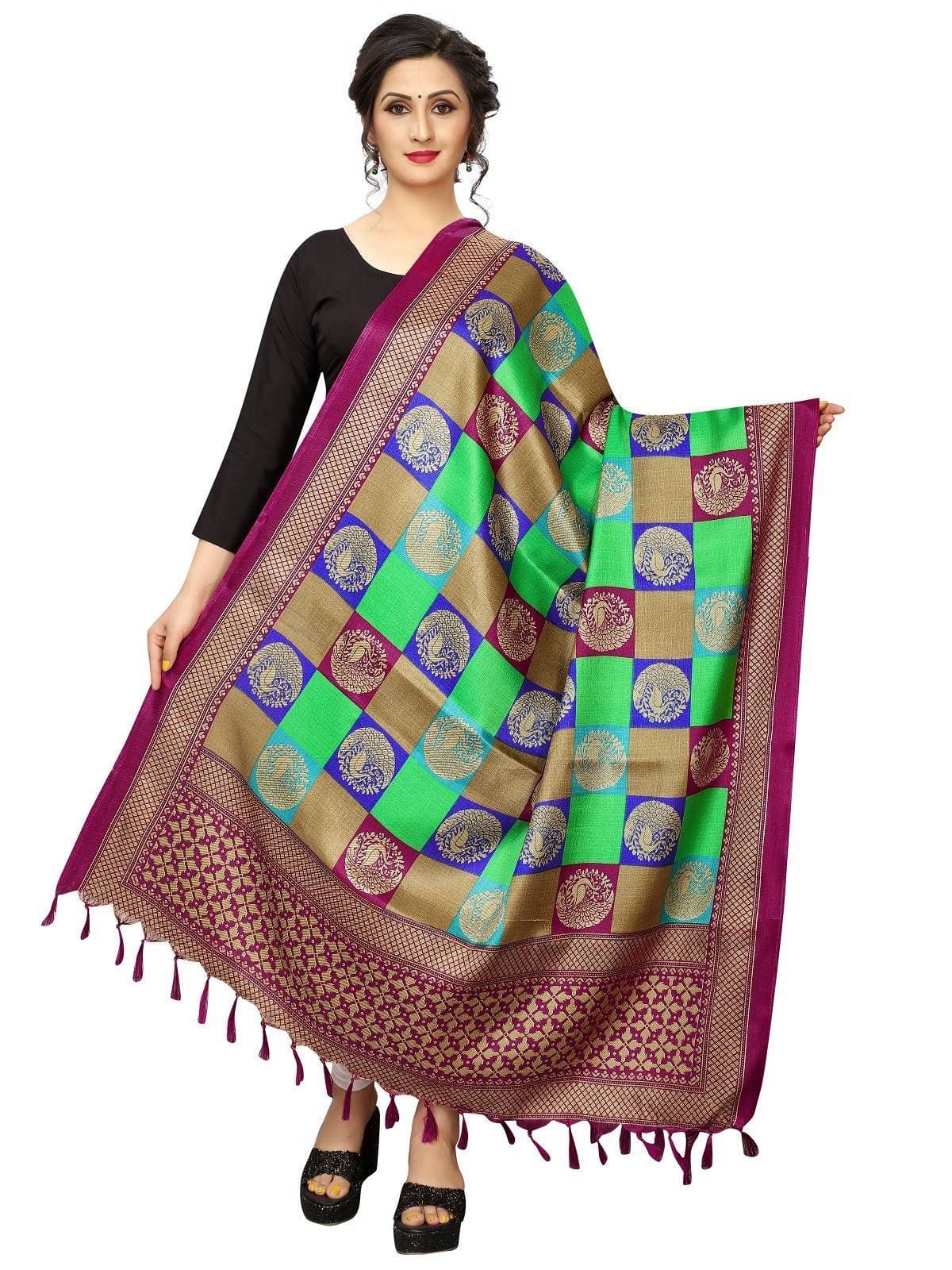 Vamika Traditional Wear Green Printed Khadi Bhagalpuri Dupatta