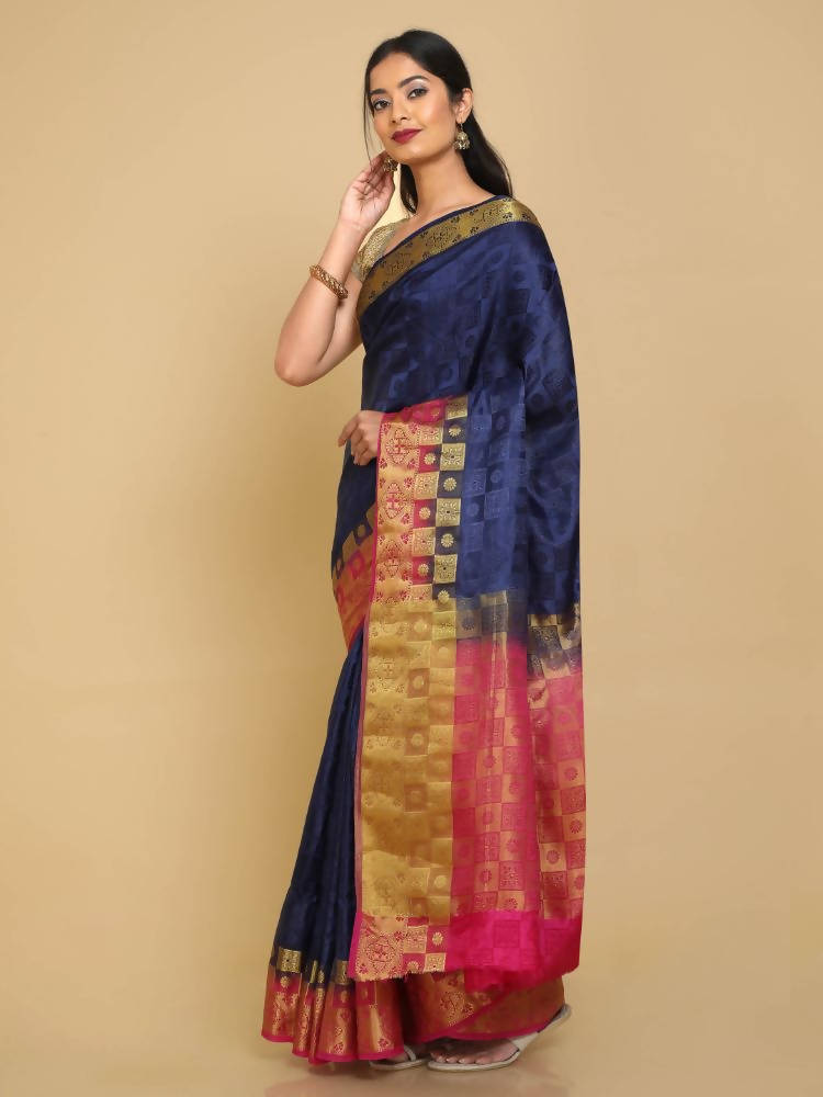 Kalamandir Checked Navy Blue Pashmina Saree
