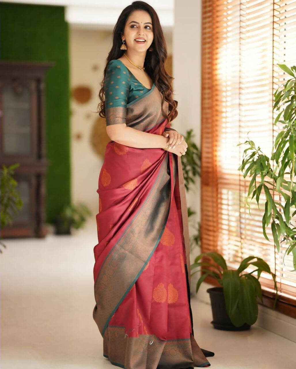DEIANA'S Beautiful Golden Jari with New Design Soft Lichi Silk Saree - Maroon - Distacart
