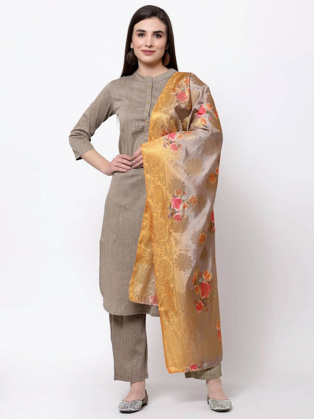 Myshka Women's Khaki Cotton Solid 3/4 Sleeve Mandarin Neck Casual Kurta Pant Dupatta Set